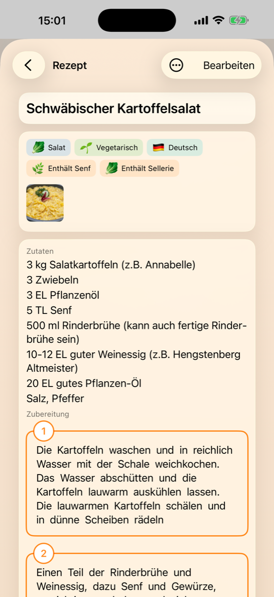 Cook&Track Rezeptdetail mit Zutaten und Zubereitung
