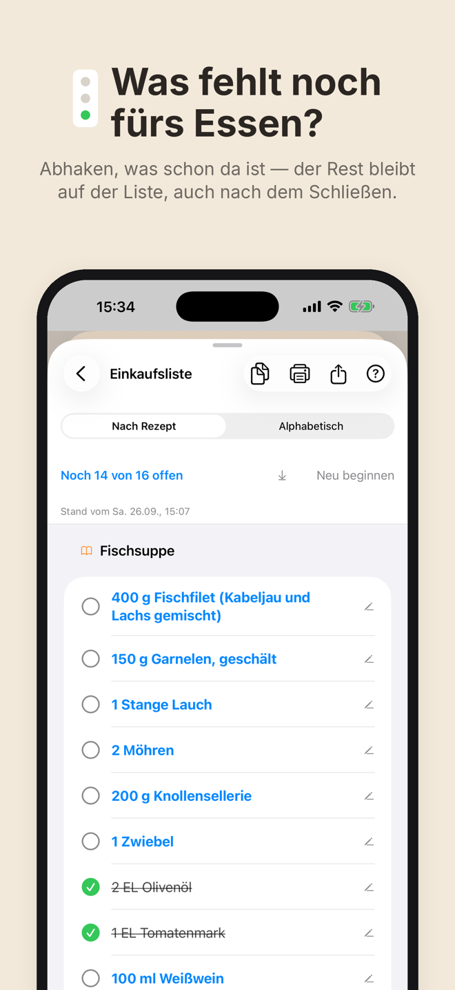 Cook&Track: Einkaufsliste - Was fehlt noch fürs Essen?