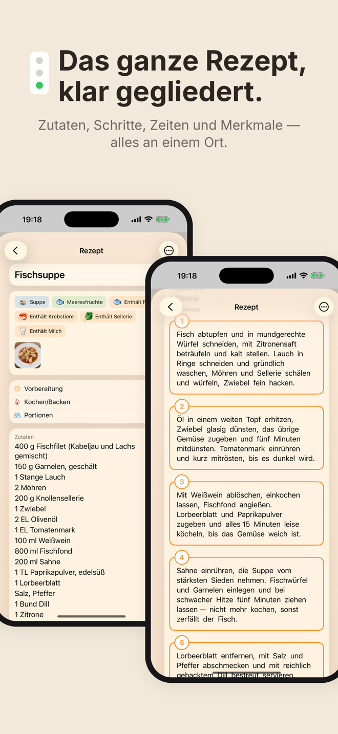 Cook&Track: Rezept mit Zutaten, Schritten und Zeiten