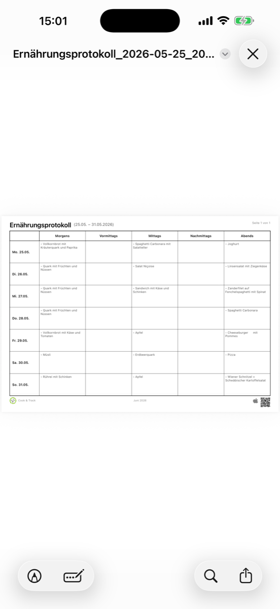Cook&Track Ernährungsprotokoll als PDF