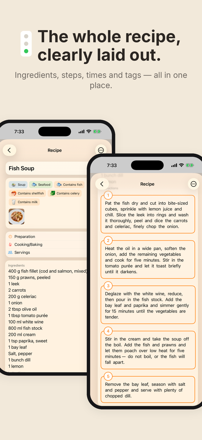 Cook&Track: recipe with ingredients, steps and times