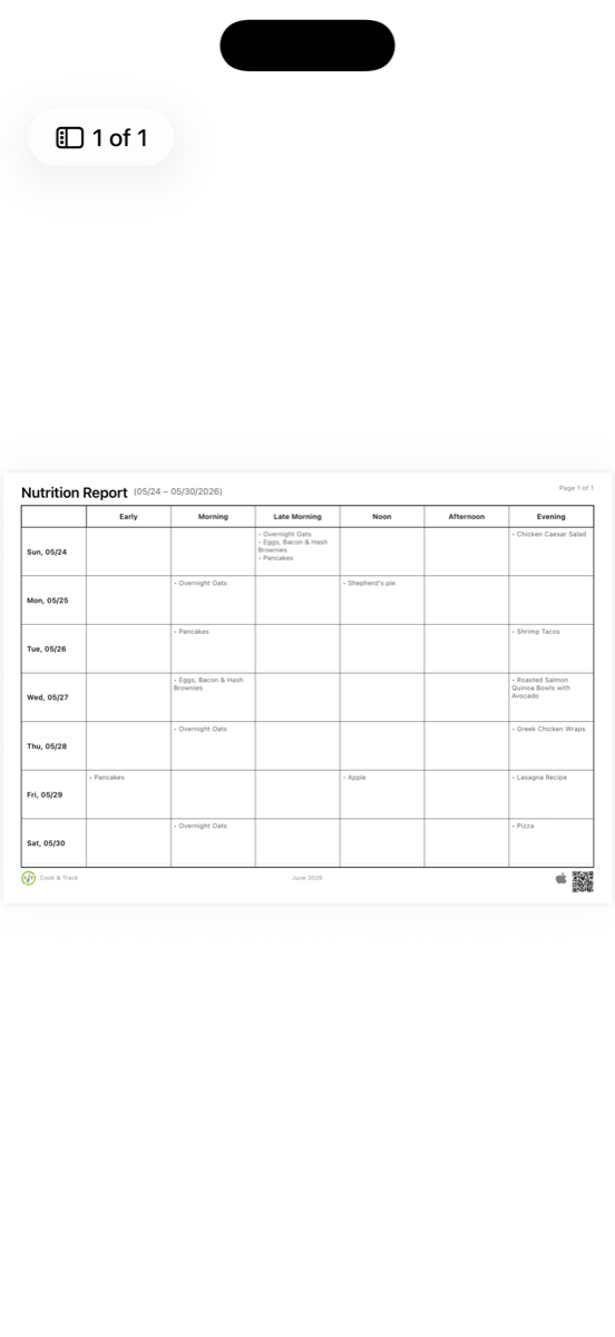 Cook&Track Nutrition report as PDF