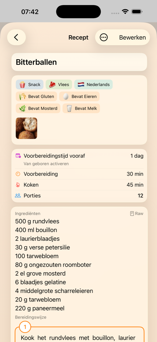 Cook&Track Receptdetail met ingrediënten en bereiding