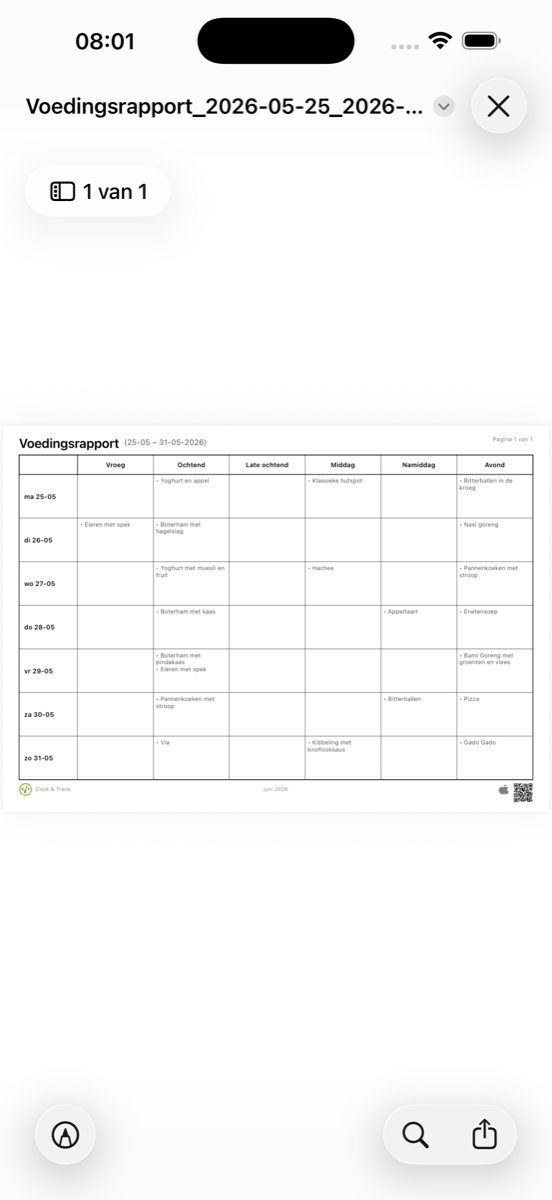 Cook&Track Voedingsrapport als PDF